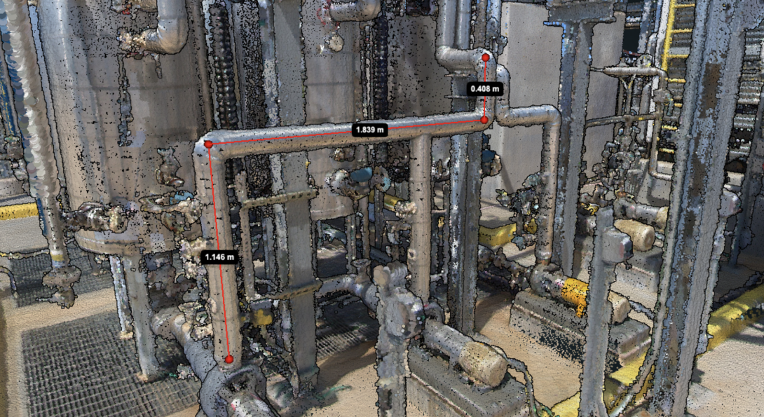VEERUM's existing measurement tool showing a chain of linked measurement points along pipes