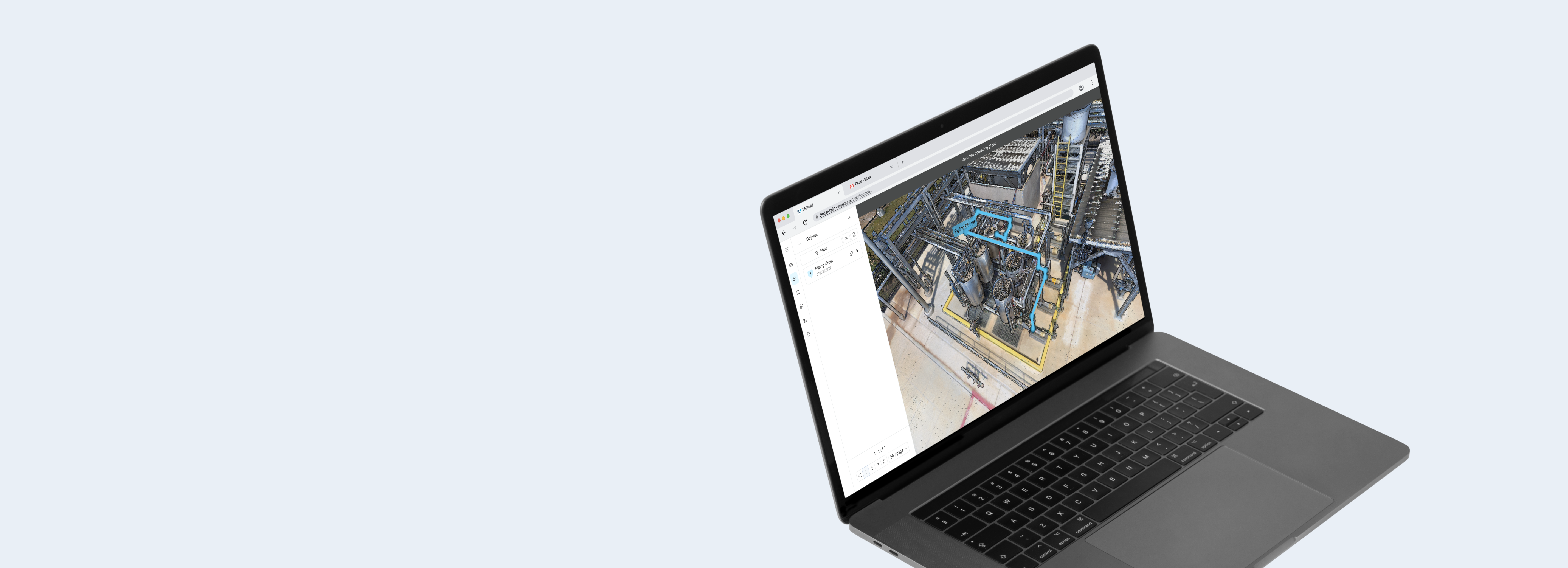 VEERUM 3D facility environment with linear objects tagged along a pipe run