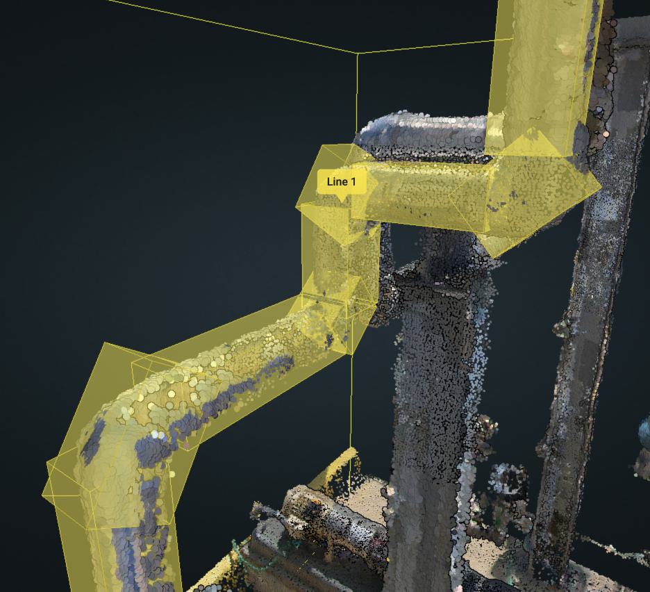 3D point cloud view of a pipe tagged with stacked yellow cube objects