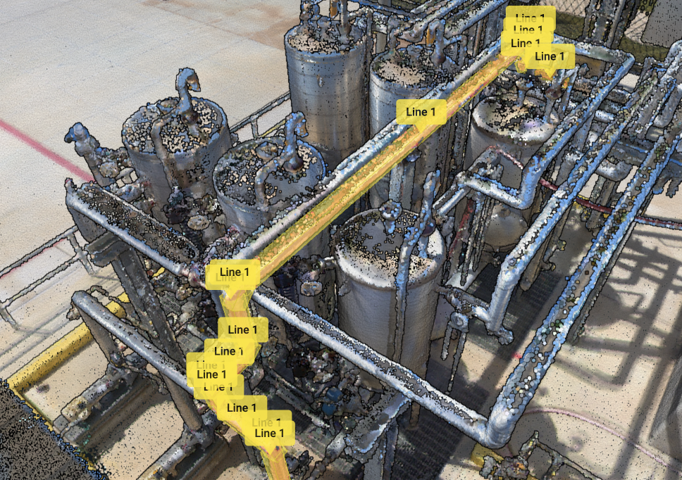 Industrial facility overhead view showing many separate cube objects labelled Line 1 placed along pipes