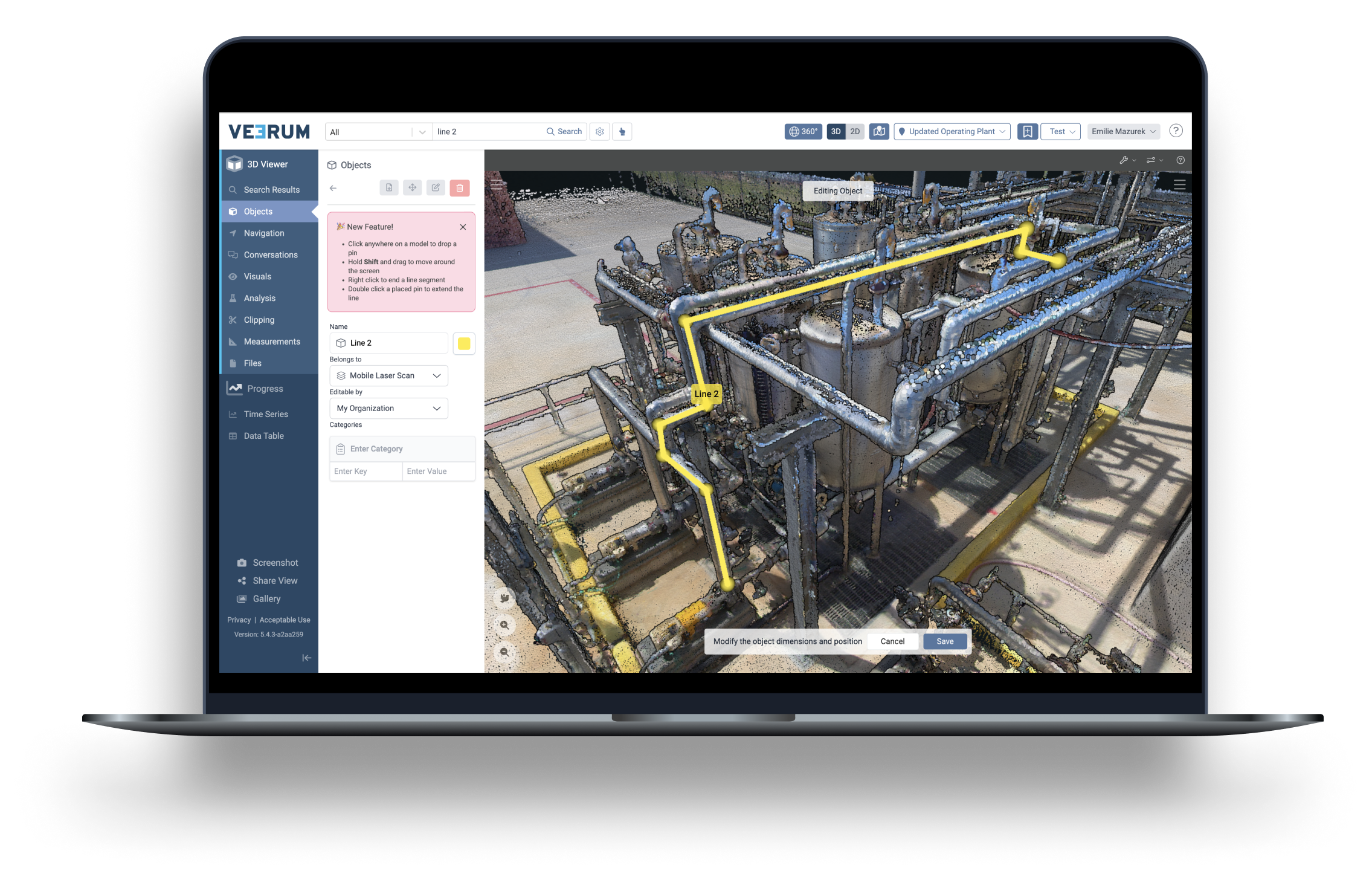 Laptop mockup showing the VEERUM platform with a yellow linear object drawn across an industrial facility