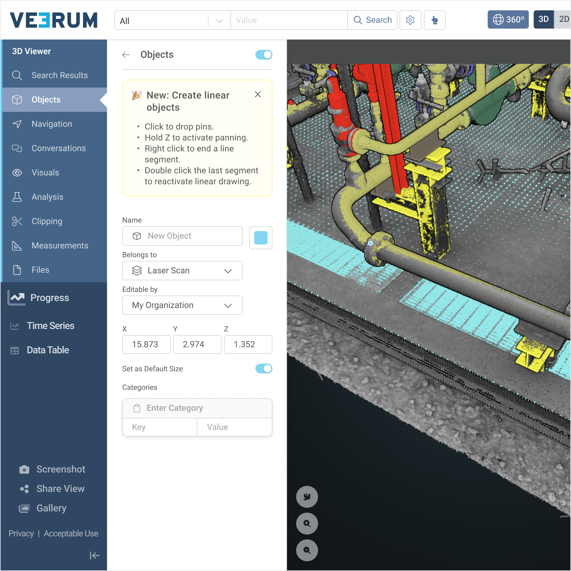 Original linear object interface with full sidebar panel