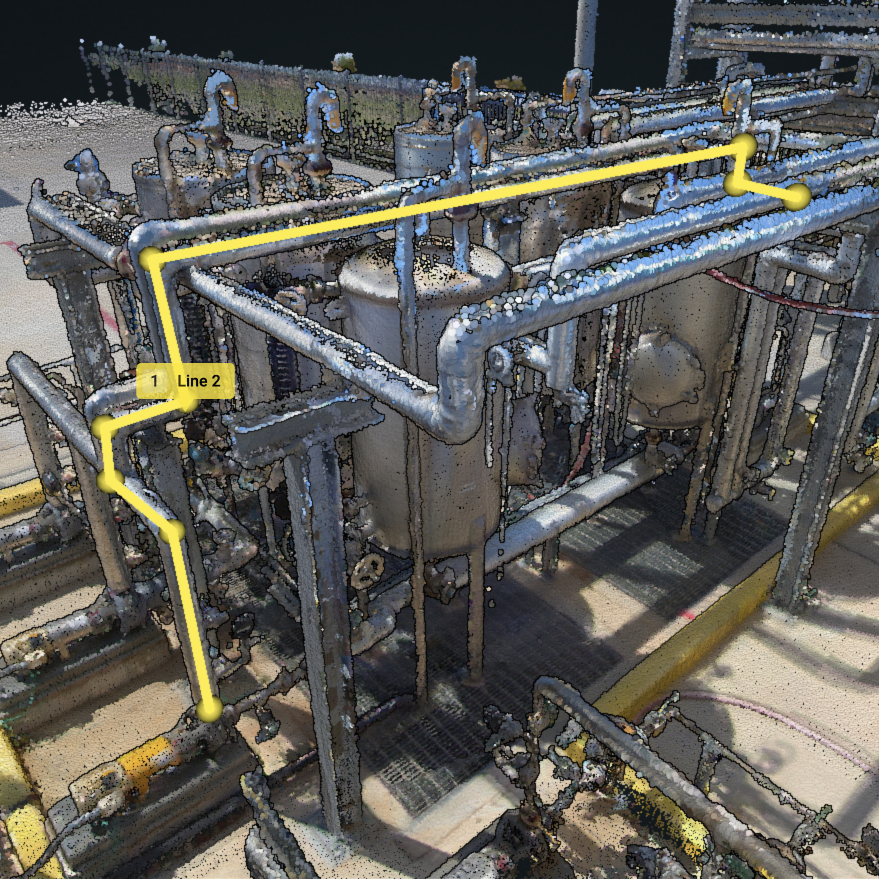 3D point cloud view showing a yellow linear object on pipes