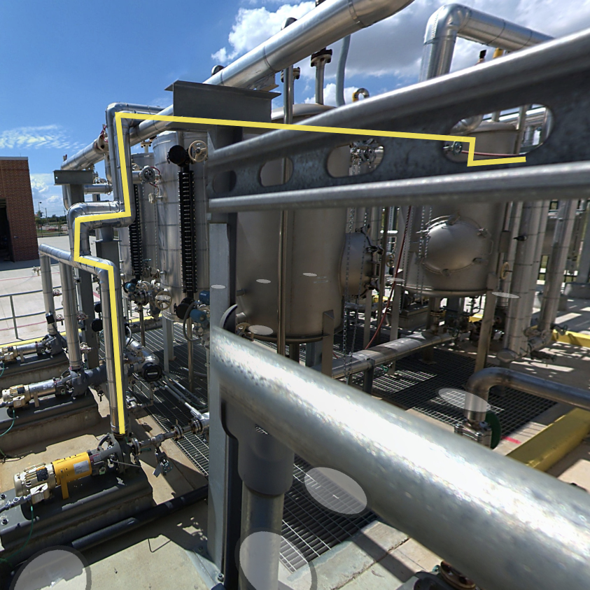 360° Pano mode showing the same yellow linear object overlaid on a real photo of the facility